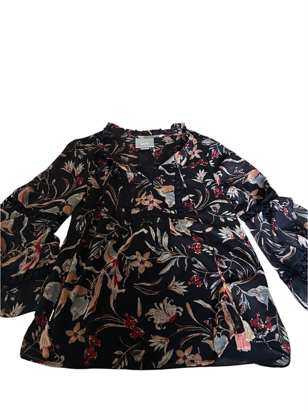 Maeve Women's Black Floral Boho Top with Tassel Tie